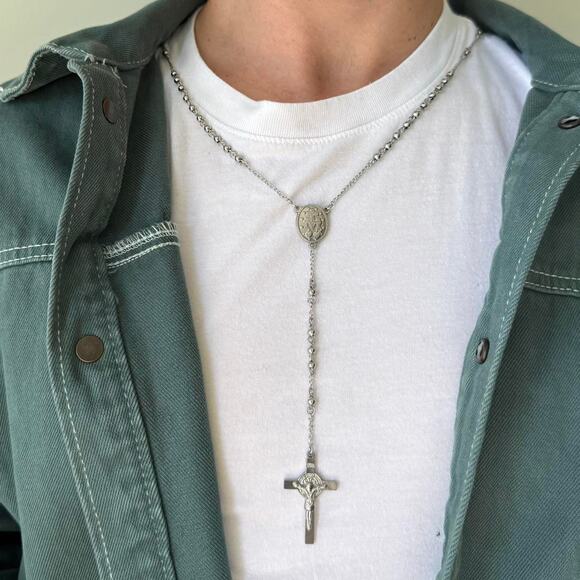 Other Other - Y2K Silver Rosary Necklace with Cross Pendant Stainless Steel Unisex 19-21" New